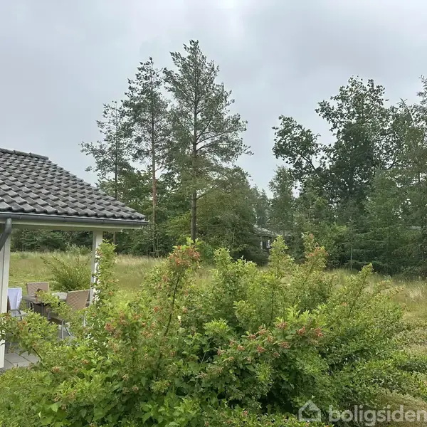 Hus med gråt tegl tag står blandt grønne buske og græs. Omkranset af høje træer under en grå himmel. Trædæk kan ses ved huset. Ingen tekst er til stede.