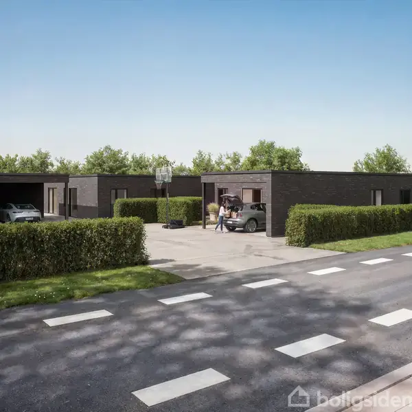En række moderne, flade taghuse står stille bag en hæk i et villakvarter. To personer står ved en bil foran et hus. En bil er parkeret i garagen.