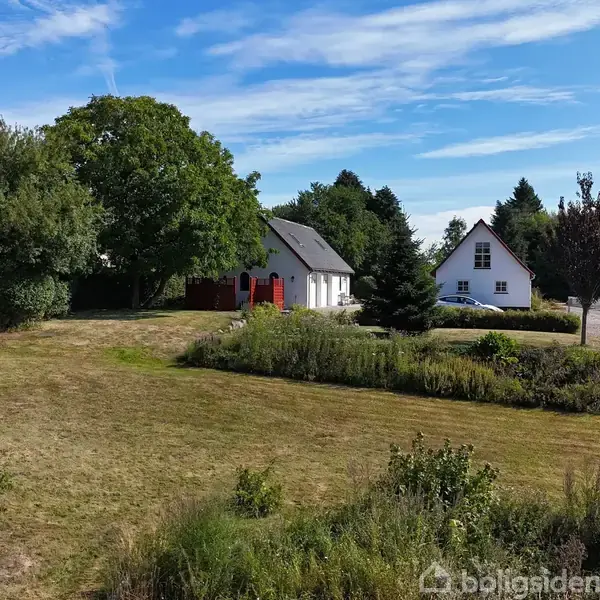 To huse ligger i et grønt landskab med træer og buske. Det ene hus har en rød dør. Foran husene strækker en stor græsplæne sig ud under en blå himmel.