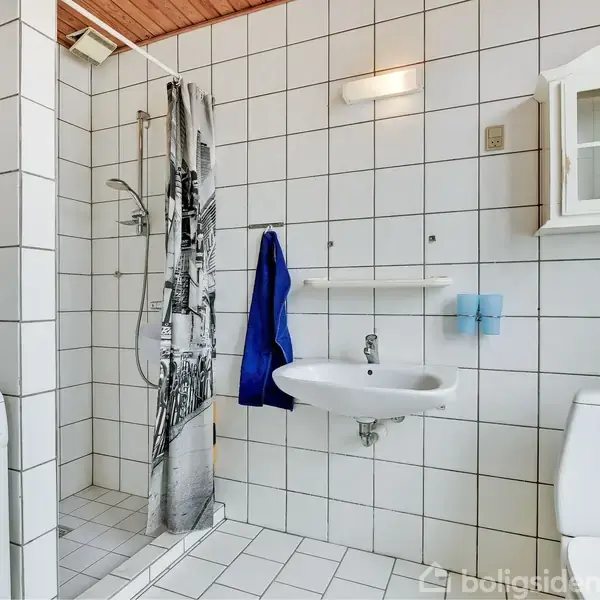 Et badeværelse har en bruser med sort-hvidt forhæng. En vask med blå håndklæde hænger ved siden af. Vaskemaskine til venstre og toilet til højre. Fliser på væggene.