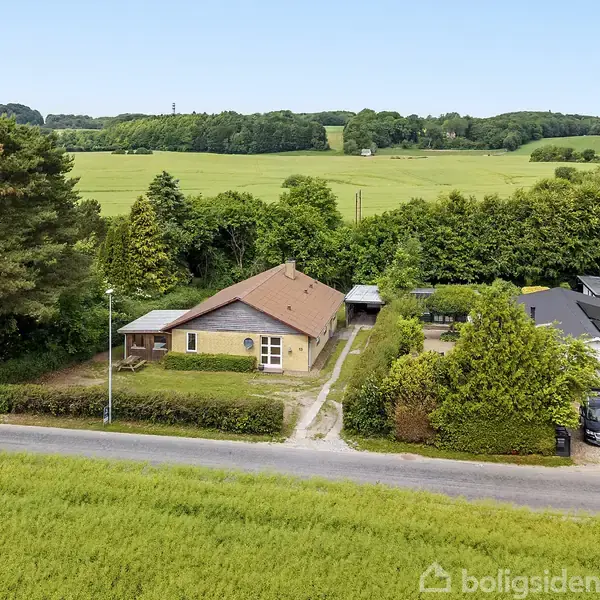 Et enkelt hus står stille ved en landevej, omgivet af en velplejet have med træer og buske. I baggrunden ses vidtstrakte grønne marker og skovområder.