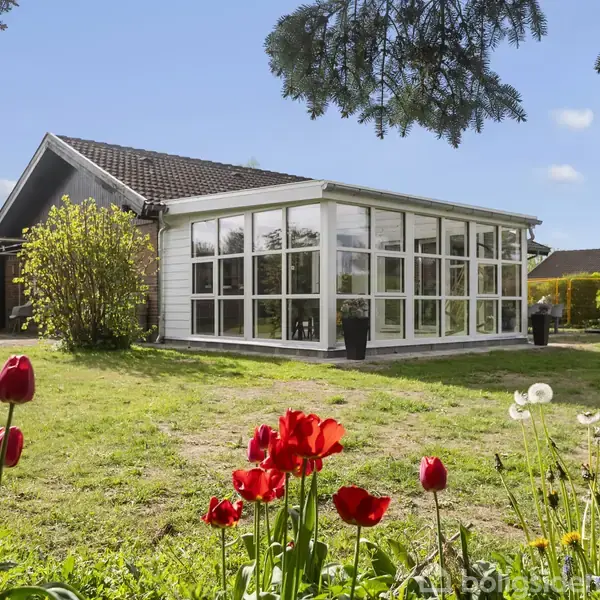En moderne villa har en stor udestue med mange vinduer. Den står i en velplejet have med grønne områder og røde tulipaner i forgrunden.