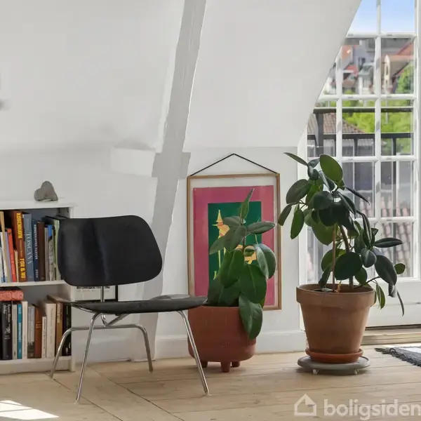 Sort stol står ved siden af indrammet billede og grønne planter i potter. Baggrunden viser en lys loftslejlighed med trægulve og udsigt til byens tage gennem store vinduer.