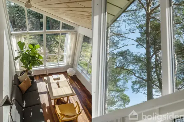 Stue med sofa og stol omkring et bord i et rum med store vinduer, der giver udsigt til skov. Højloftet med skrånende loft, lyse vægge og en grøn plante i hjørnet.
