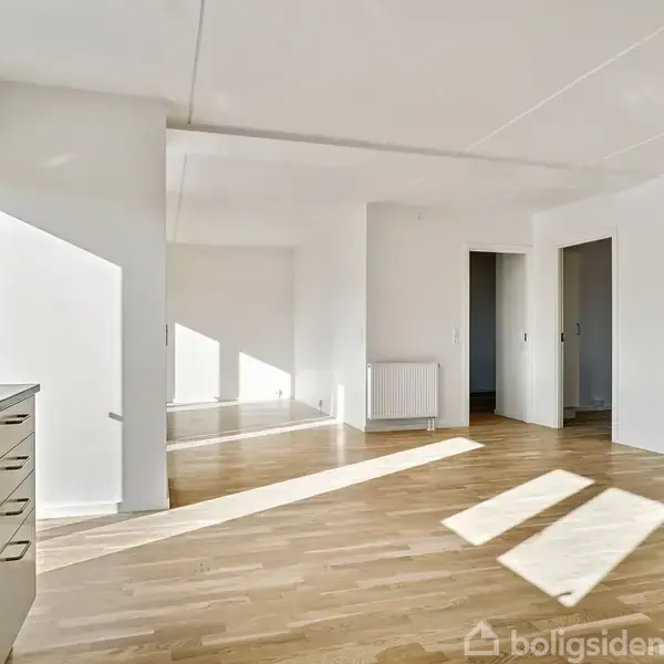 Lyst rum med trægulv og hvide vægge, sollys strømmer ind gennem store vinduer til venstre. Der er åbninger til andre værelser. Skabene til venstre har metalliske håndtag.