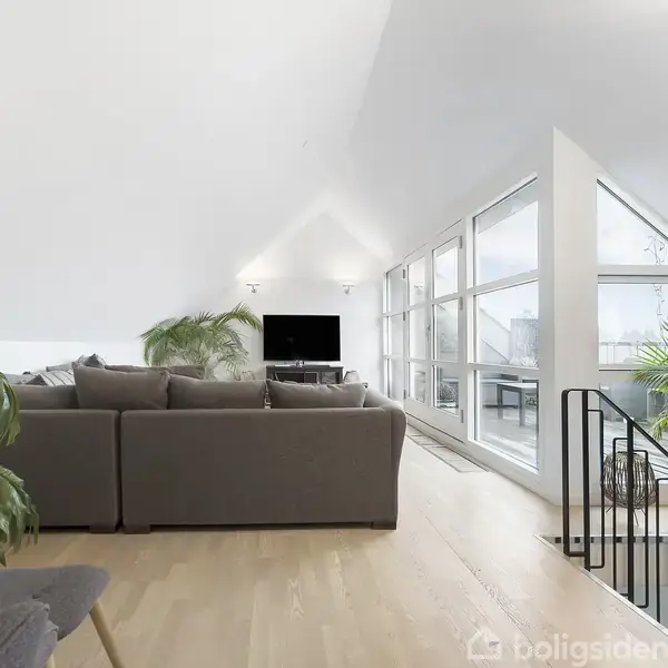 En grå sofa står i en rummelig stue med lyst trægulv. Store vinduer til højre giver masser af naturligt lys. Grønne planter tilføjer et friskt touch til rummet.