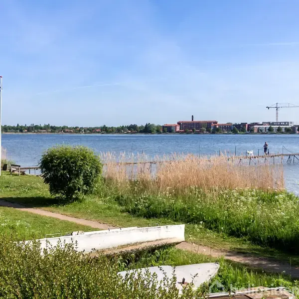 Båd ligger på græs med udsigt over en sø. En bro strækker sig ud i vandet, omgivet af siv og grønne buske. I baggrunden ses en by og en kran.