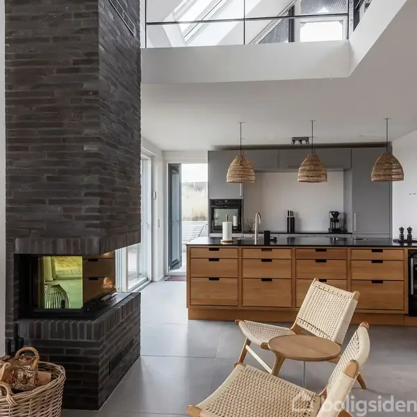 Pejs med flammer, placeret i et moderne køkken med træborde, sorte skabe og to hængende lamper. Stol i forgrunden. Store vinduer slipper lys ind i rummet.