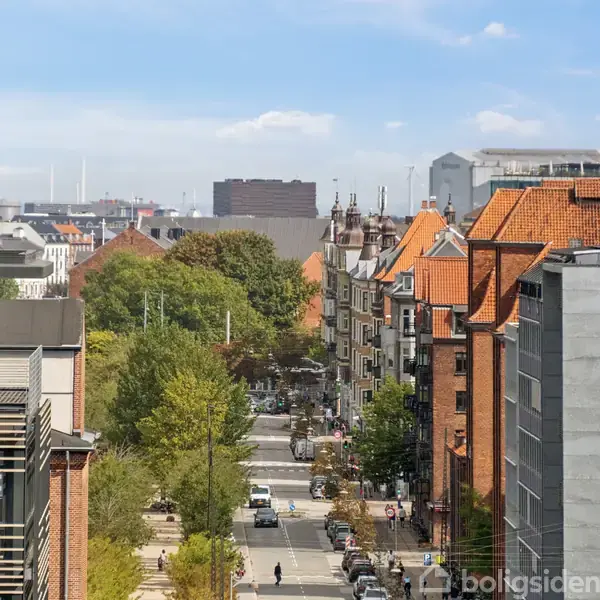 Bygninger med røde tegltage står langs en vej. Træer strækker sig op mod himlen, og blå himmel med skyer ses i baggrunden. Urban bymiljø dominerer landskabet.