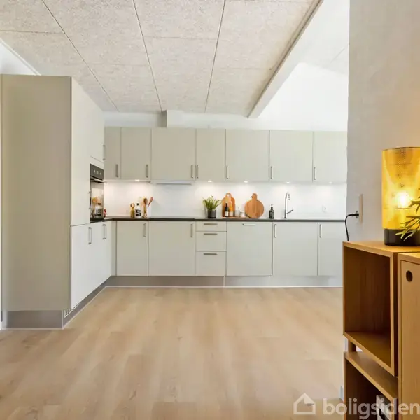 Et moderne køkken i lyse farver, udstyret med skabe og apparater, står i et rum med trægulv. Til højre er en træreol med en lampe og plante.