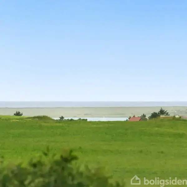 Grønne marker strækker sig mod en stor sø i det fjerne, omgivet af spredte træer og en blå himmel.