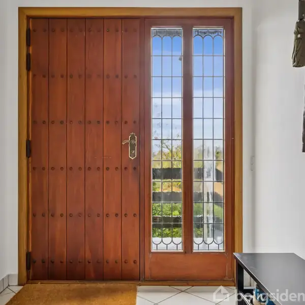 En trædør med metalhåndtag står ved siden af en smal vinduesrude med dekorativt gittermønster, i en entré med en jakke hængende på væggen og flisegulv.