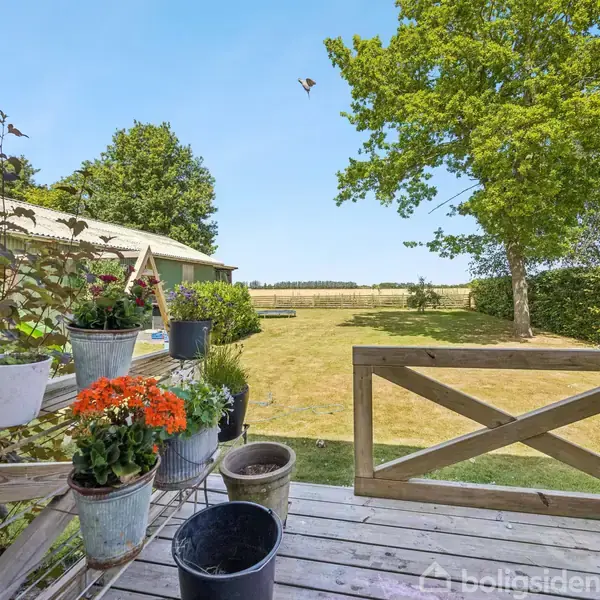 Blomster i krukker står på en altan. En stor, åben græsplæne og træer er i baggrunden under en blå himmel. En fugl svæver i luften.