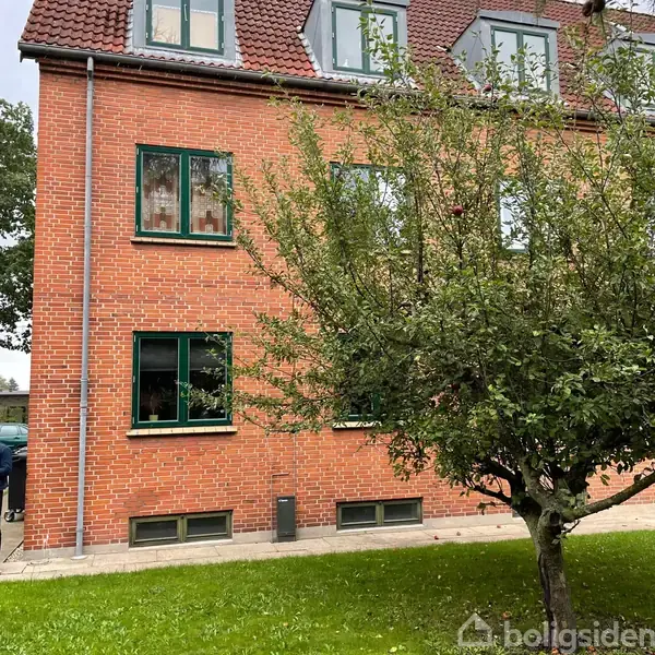 En murstensbygning har fire grønne vinduer; ved siden af står et frodigt træ med små røde frugter i forhaven. En mindre asfalteret sti ses i bunden.
