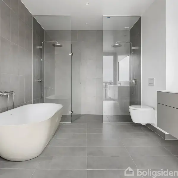 Et moderne badeværelse med fritstående badekar. Brusekabinen har dobbelte glasdøre. Et væghængt toilet er til højre under et bredt spejl. Rummets vægge og gulv er grå.