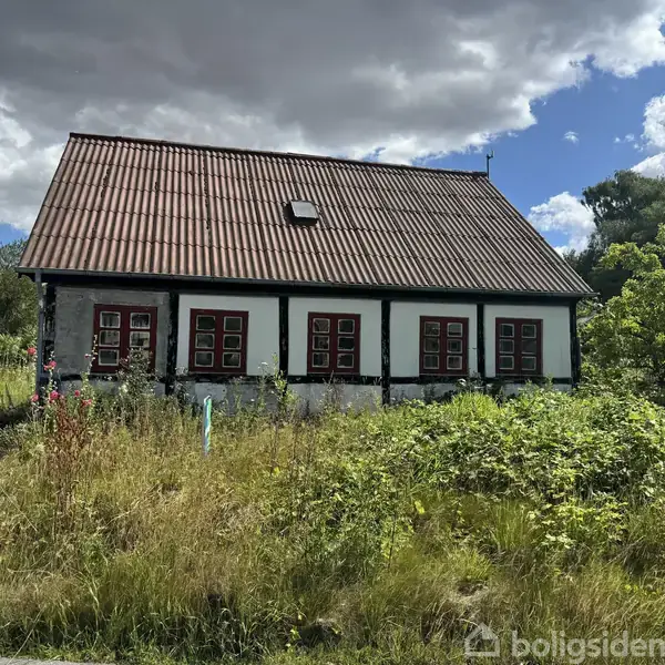 Et gammeldags hus med rødt tag står stille omgivet af vildtvoksende have og buskads under en skyet himmel.