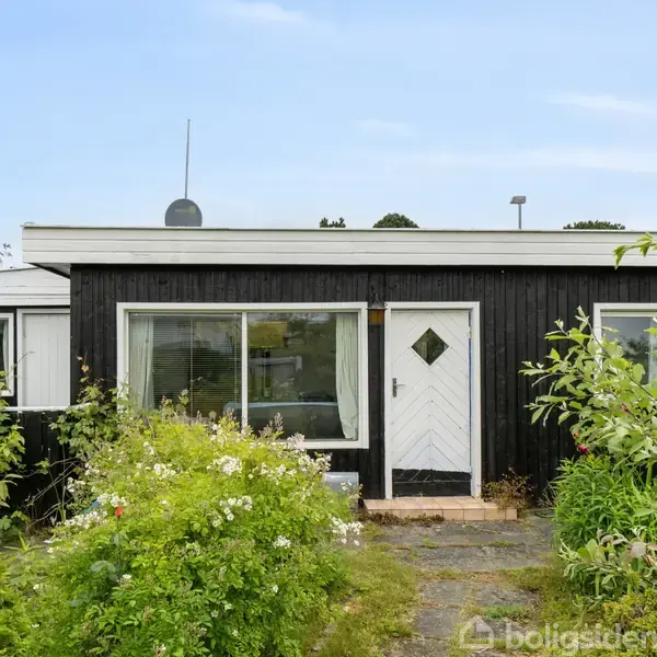 Sort, enkelt hus med fladt tag og hvid dør, omgivet af frodig have med buske og blomster. Store vinduer i fronten. Ingen tekst til stede.