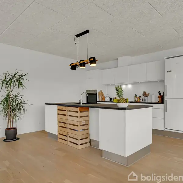 Et moderne køkken med en hvid ø med sort bordplade. Paller er under bordet. Omkring står planter og bagved er et stort køleskab. Loftlampen hænger over øen.