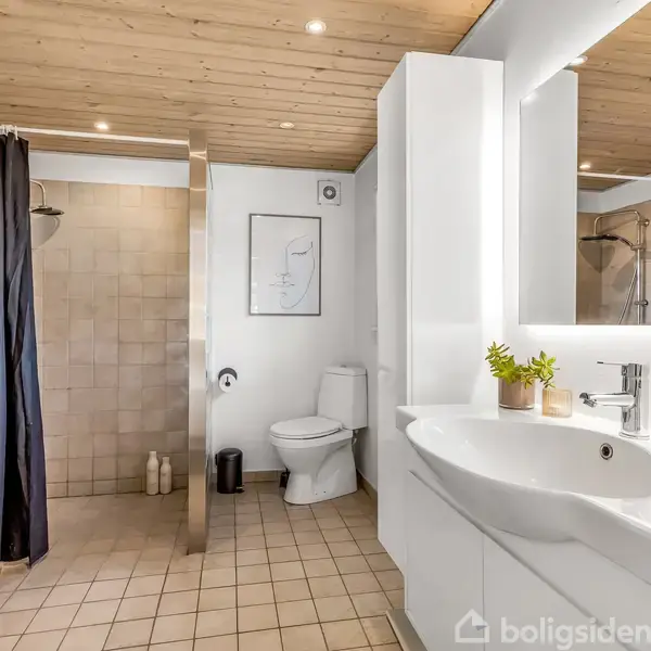 Et moderne badeværelse med hvidt inventar. En vask med spejl og planter, en bruser bag et gardin, og en toilet på flisegulv. Loftet er i træ.