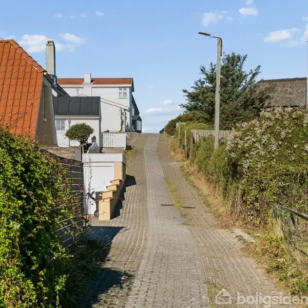 En smal, brolagt vej løber mellem kysthuse med farverige tage. Omkring ligger grønt buskads, og vejen fører mod en klar, blå himmel i det fjerne.