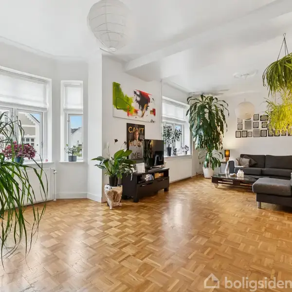 Stue med træparketgulv, hvor en grå sofa står ved siden af en standerlampe. Store stueplanter og farverige billeder dekorerer rummet. Flere vinduer slipper lys ind udefra.