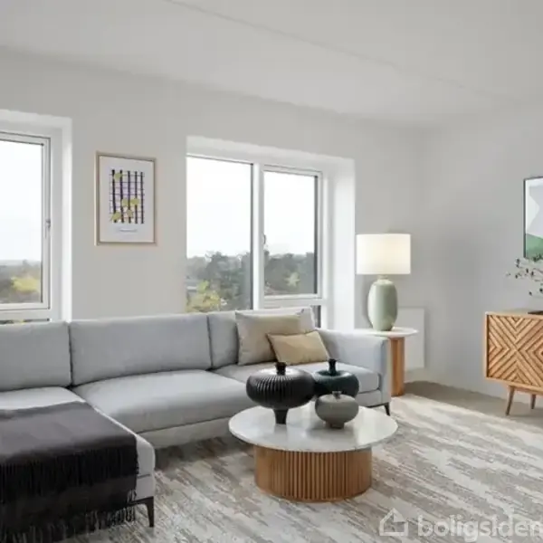 Gråt sofaarrangement med sorte og beige puder står ved vinduer, flankeret af to billeder. Trækommode, dekorativ lampe og planter på tæppe dekorerer det lyse rum.
