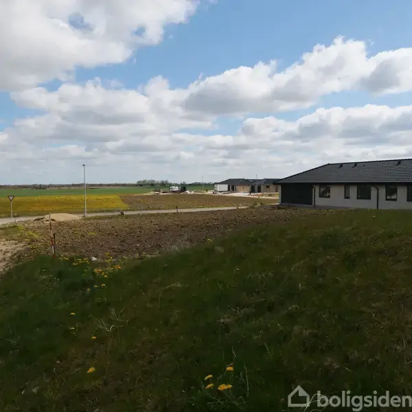 Hus står stille ved siden af en vej, omgivet af åbne marker under delvis skyet himmel. Græsplæne med gule blomster i forgrunden. Ingen tekst til stede.