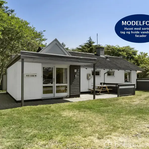 Hus med sortmalet tag og hvide vandskurede facader står midt i en grøn have med træer omkring. Et bord-bænkesæt står nær huset på terrassen. Tekst: "MODELFOTo Huset med sortmalet tag og hvide vandskurede facader".