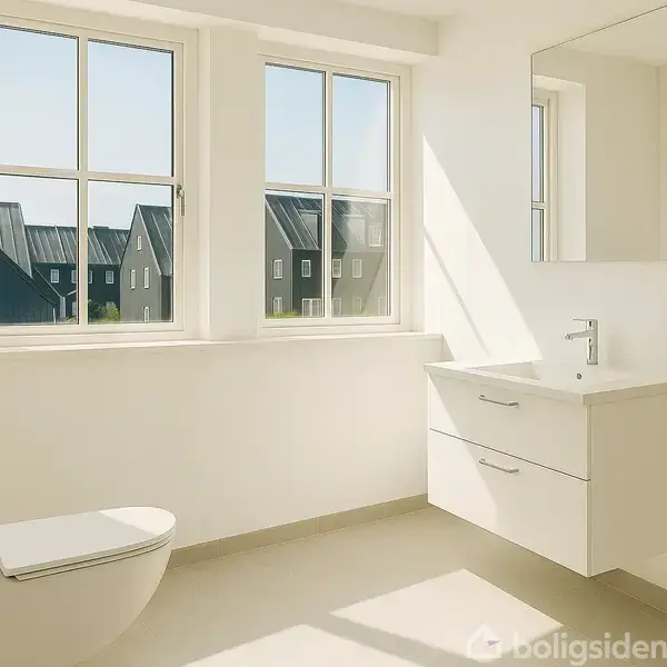 Hvidt, moderne badeværelse med vask og skab set ved siden af toilet. Sollys strømmer ind gennem store vinduer, som viser en udsigt til mørke tage af omkringliggende bygninger.