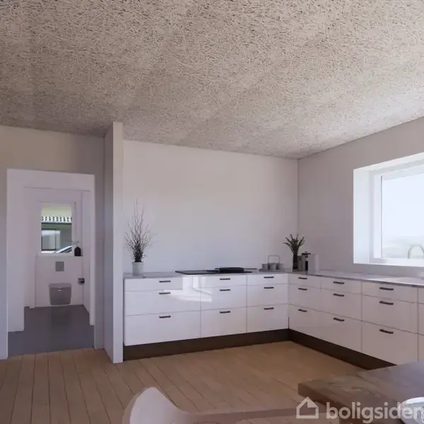 Køkken med hvide skabe og indbygget ovn, dagslys ind gennem stort vindue, planter som dekoration. Dør åbner til tilstødende rum med toilet. Ingen tekst fundet.