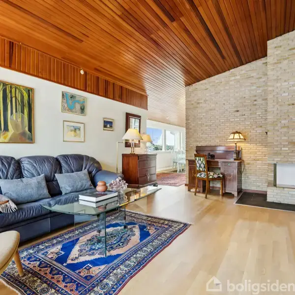 En stue med en sort sofa, arrangeret omkring et glasbord med bøger, placeret på et orientalsk tæppe. En brændeovn og fladskærms-TV er integreret i en stenvæg.