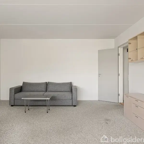 En grå sofa står mod en hvid væg med et lille sofabord foran. Til højre ses åbne hylder og en skænk med en vase. Døren står åben.