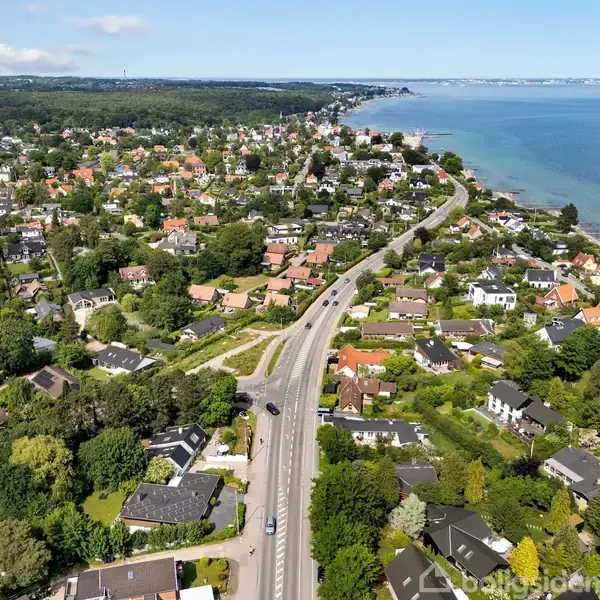 En vej strækker sig gennem en frodig forstad fyldt med huse og træer langs kysten. Baggrunden viser havet og en byhorisont, der skaber en fredelig atmosfære.