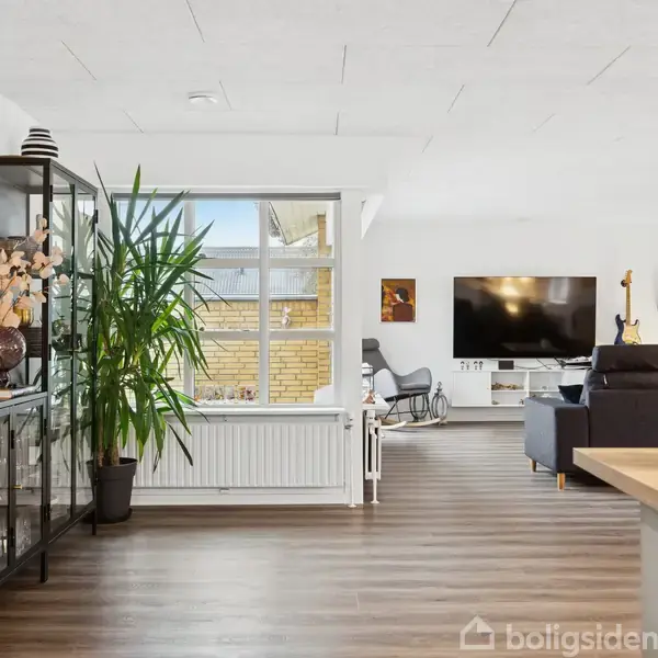 En stue med en glasvitrine fyldt med glas og dekorationer står til venstre. En stor plante står ved et vindue. I baggrunden ses en sofa, tv og vægdekorationer.