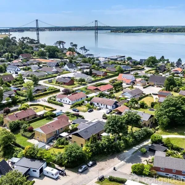 Boligområde med huse spredt langs veje tæt på vandet. En stor bro strækker sig over en bred flod i baggrunden, omgivet af frodige grønne områder og skov.