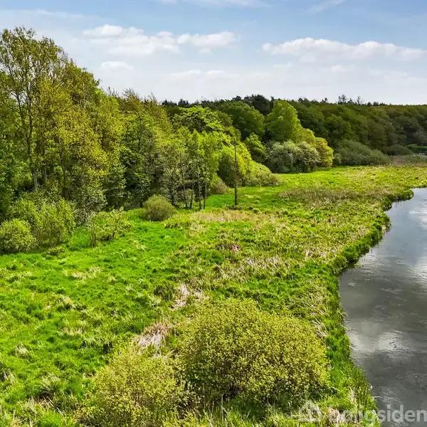 En flod flyder roligt gennem en frodig, grøn eng omgivet af tæt skov. Himlen er let overskyet med spredte skyer. Ingen tekst er synlig bortset fra "boligsiden."