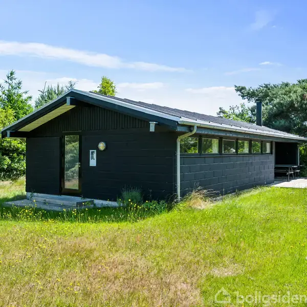 Et sort, rektangulært sommerhus står på en grøn græsplænge omgivet af træer. Huset har en skrånende tag og flere vinduer langs siden, med et lille trappetrin foran indgangen.