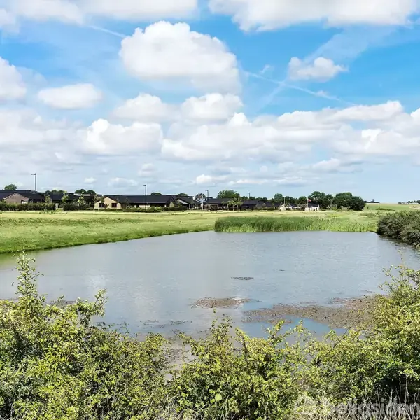 En sø omgivet af grønne marker, buske og græs. I baggrunden ses huse og træer under en blå himmel med spredte skyer.
