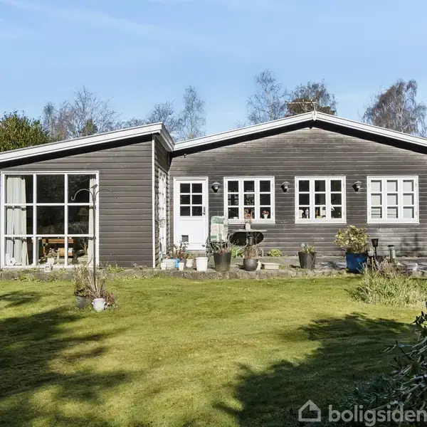 Et mørkt træhus med hvide vinduer står foran en grøn have, omgivet af buske og træer. Græsplænen er solbeskinnet, og der er planter ved husets facade.