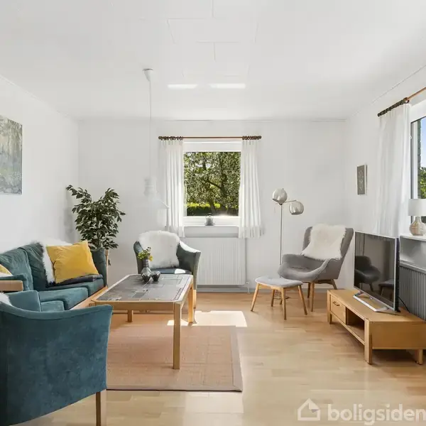 En stue med grøn sofa, sofabord og lænestol, står lys og indbydende. Et stort vindue på højre side slipper masser af dagslys ind. Grønne planter og moderne indretning.