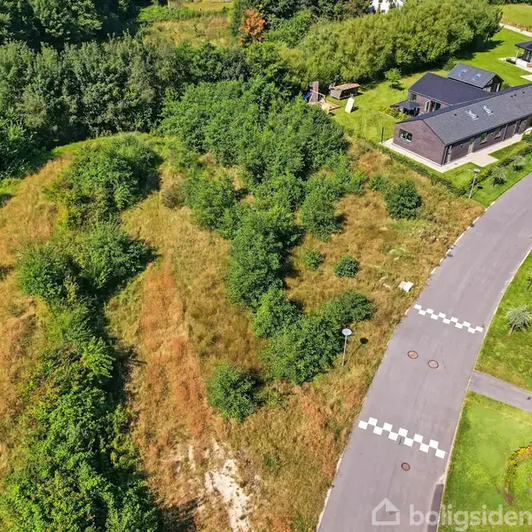 En ujævn, græsbeklædt bakke strækker sig opad, omgivet af træer. Til højre findes en asfaltvej kantet med moderne huse og velplejede haver.