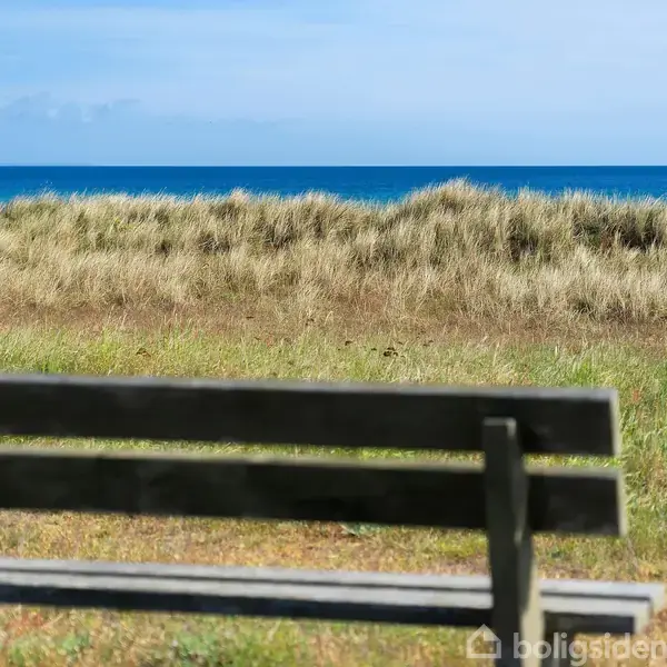 En bænk står stille i forgrunden, med udsigt over sandklitter og en blå himmel over havet i baggrunden. Græs og naturlig vegetation omgiver området.