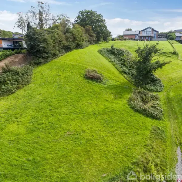 Græsbeklædte bakker strækker sig over et landskab med spredte træer og buske. I baggrunden ses moderne huse med store vinduer, omgivet af græsklædte områder og klare himmel.