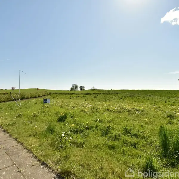En græsmark ligger ubenyttet ud til en flisebelagt sti med en lygtepæl langs kanten. En blå skilt står på marken. Himlen er lys og næsten klar.