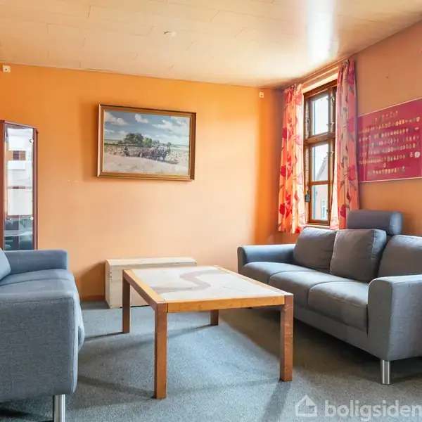 To blå sofaer står mod en orange væg, dekoreret med et maleri. Et sofabord står mellem sofaerne. Vinduer med farverige gardiner lysner rummet. Reol i hjørnet.