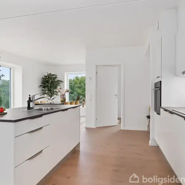Et moderne køkken med hvide skabe og en central ø med integreret kogeplade. Rummet har store vinduer, der giver naturligt lys, og grønne planter som dekoration.