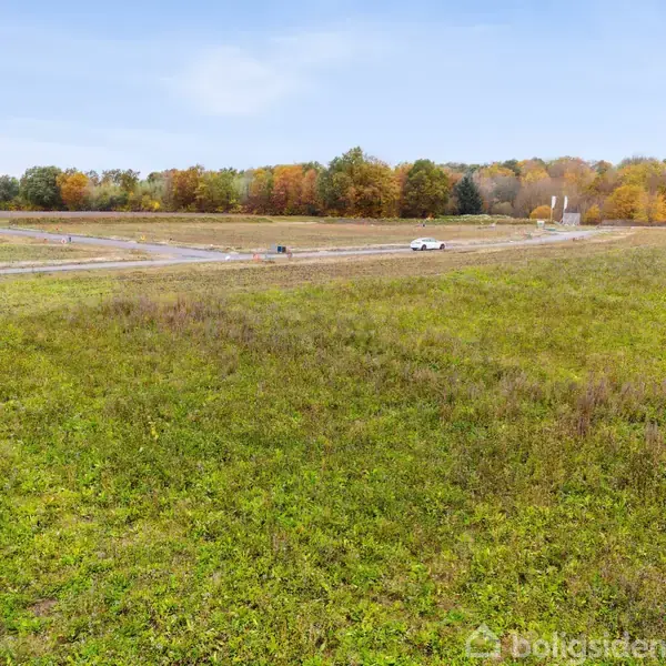 En græsmark med en bil kørende på en vej i baggrunden. I horisonten ses træer med efterårsfarver og en bygning.