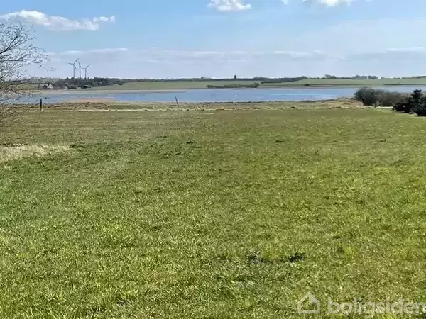 En grøn mark strækker sig mod en blå sø i baggrunden, under en klar, blå himmel med enkelte skyer. I horisonten ses vindmøller og et fladt landskab.