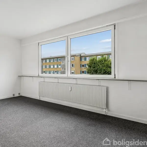 Et tomt rum med et stort vindue, der viser udsigt til en beboelsesejendom og et træ. Rummet har hvidmalede vægge, en radiator og gråt gulvtæppe.