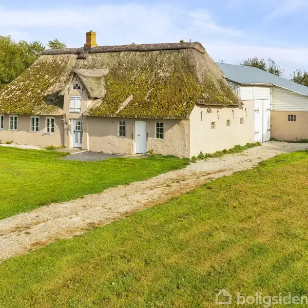Et traditionelt hus med stråtag står stille i en grøn landlig have. En grussti fører op til hoveddøren, og der er skov i baggrunden.